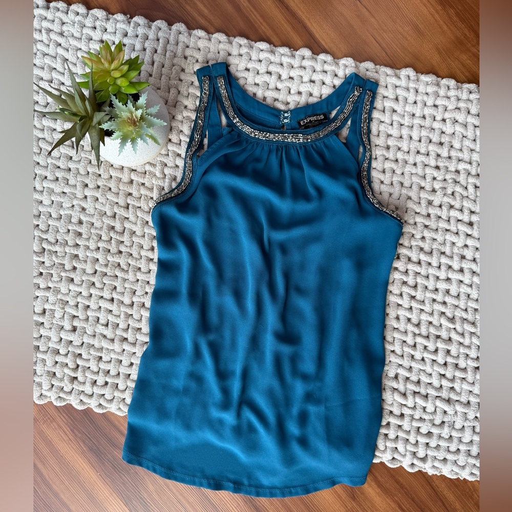 Express | Keyhole Double Strap Beaded Neck Top in Turquoise | X-Small